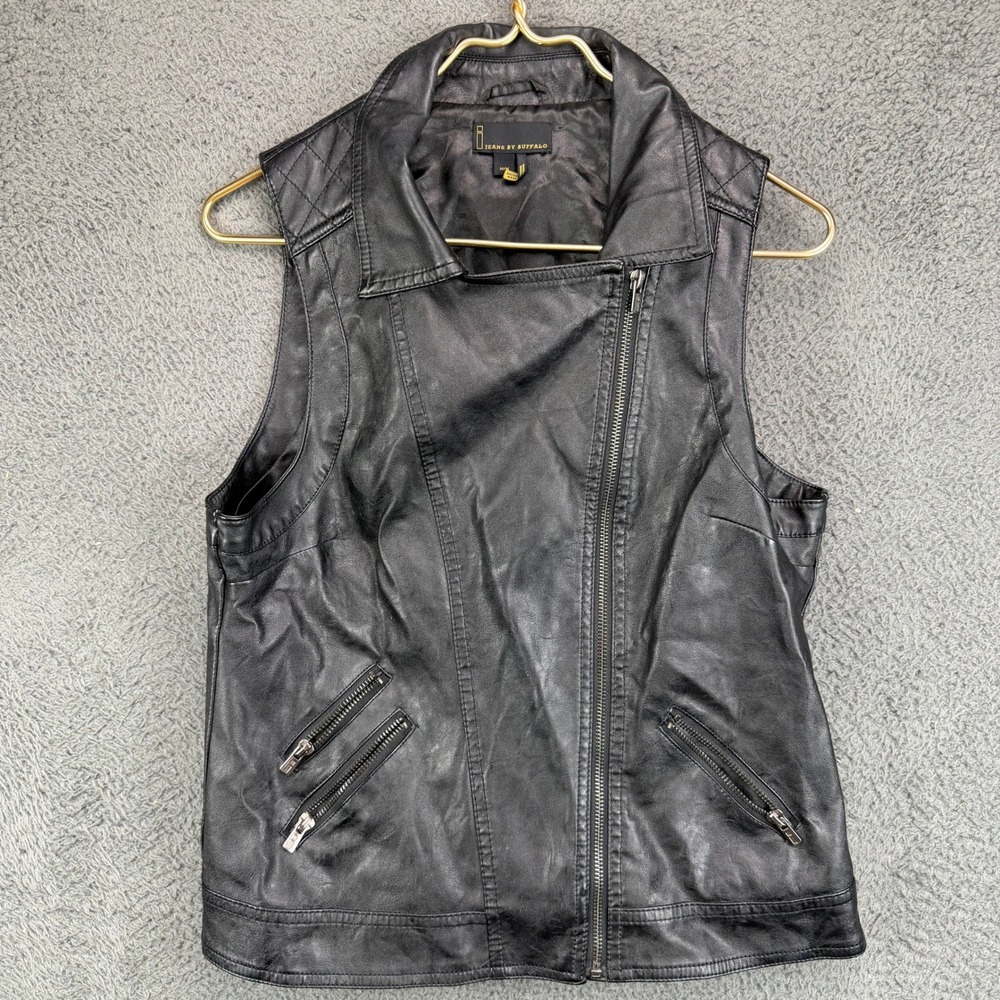 Jeans by Buffalo Womens Black Faux Leather Moto Vest Quilted Asymmetric Medium